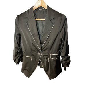 Black Satin Jacket with Zipper Details and Ruched Sleeves